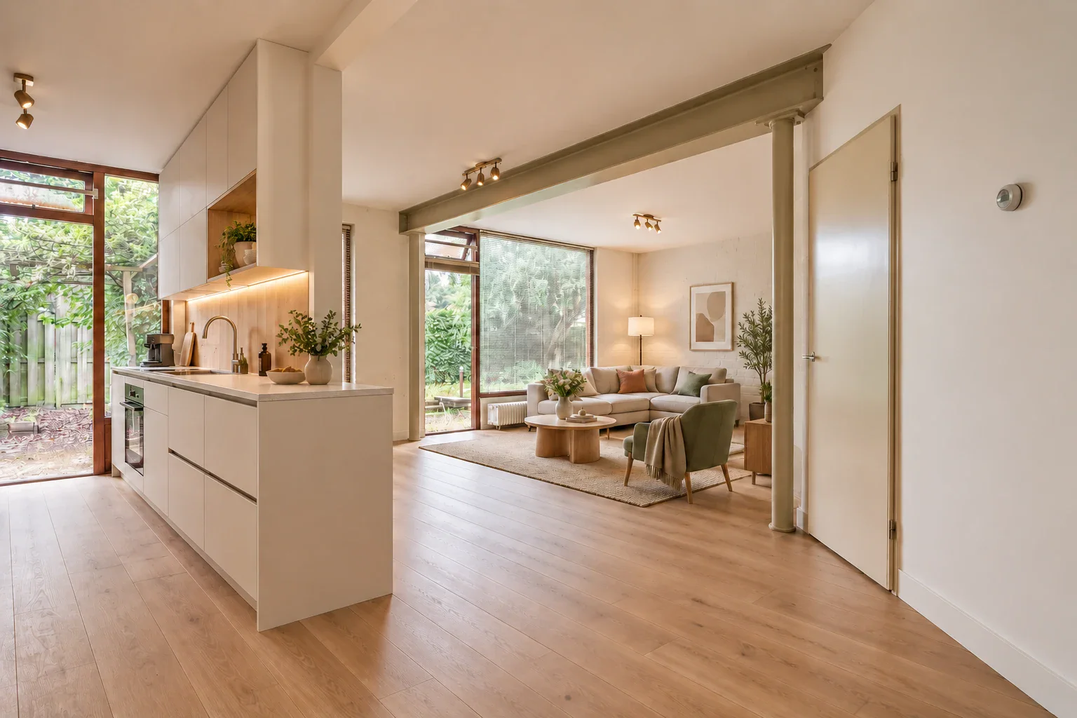 AI-visualisatie van een mogelijke open keuken die verbonden is met de woonkamer
